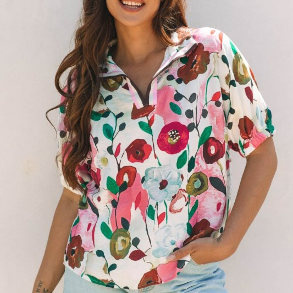 Floral Slit V-Neck Short Sleeve Blouse